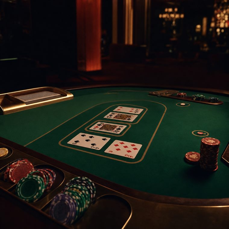 A live-dealer table seen from above with a dealer and cards laid out