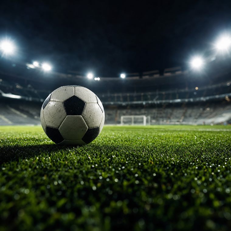 A floodlit football pitch and stadium under night sky